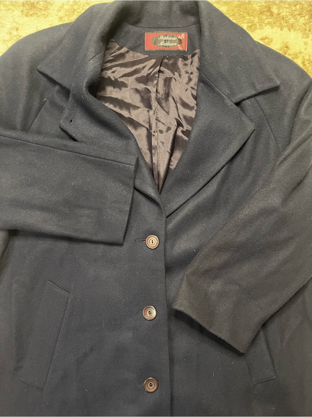 Vintage Stephanie Mathews Womens 18 Dark Navy Blue 100% Wool Overcoat Trench USA